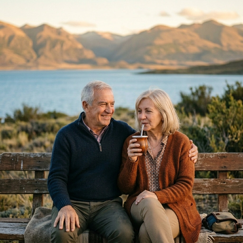 Pareja de jubilados disfrutando de un mate frente a un lago patagónico, la señora visiblemente presente y compartiendo el momento