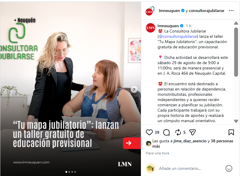 Publicación de LM Neuquén sobre el taller gratuito Tu Mapa Jubilatorio de Consultora Jubilarse